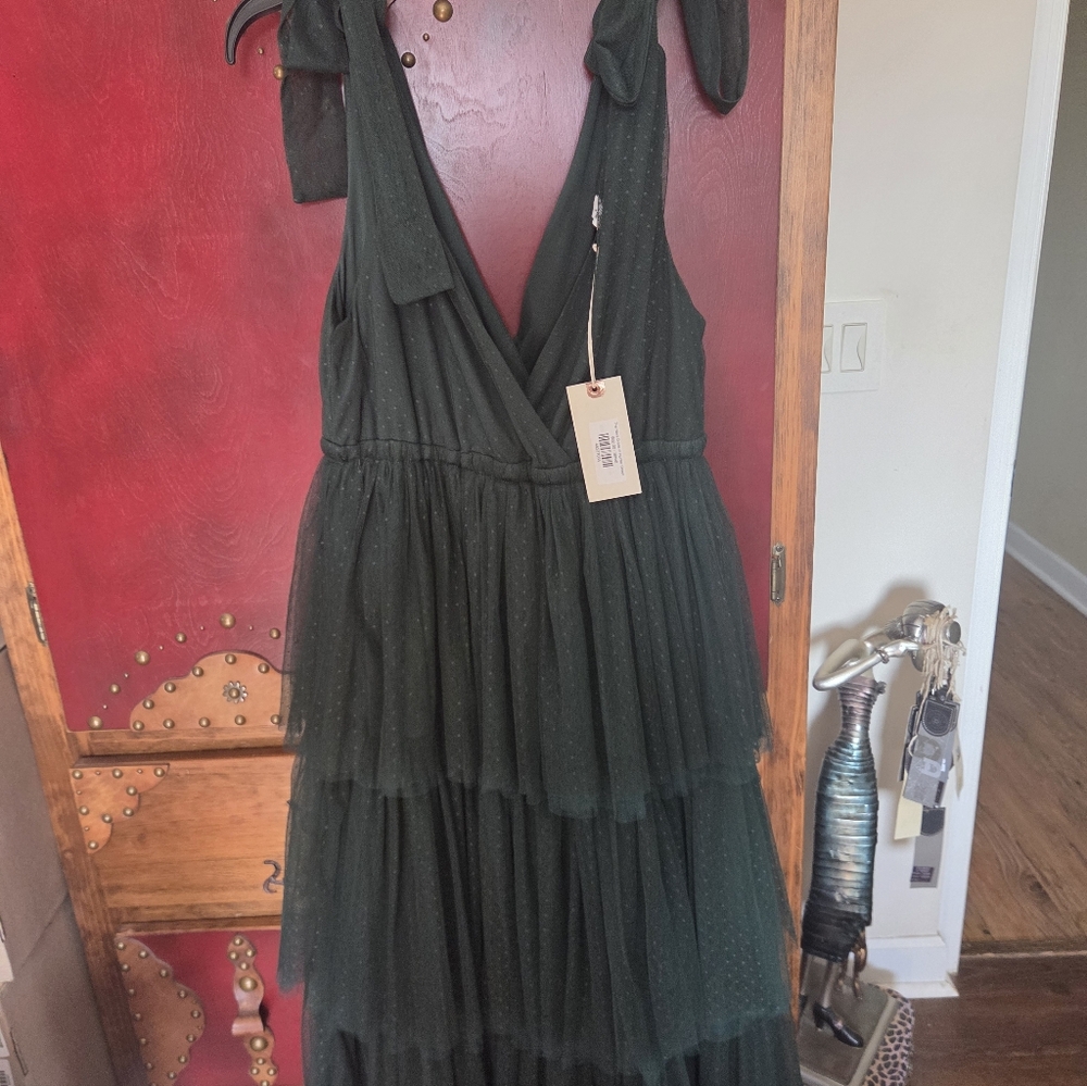 Tiered Dark Green Mesh Maxi Dress with Tie Shoulders